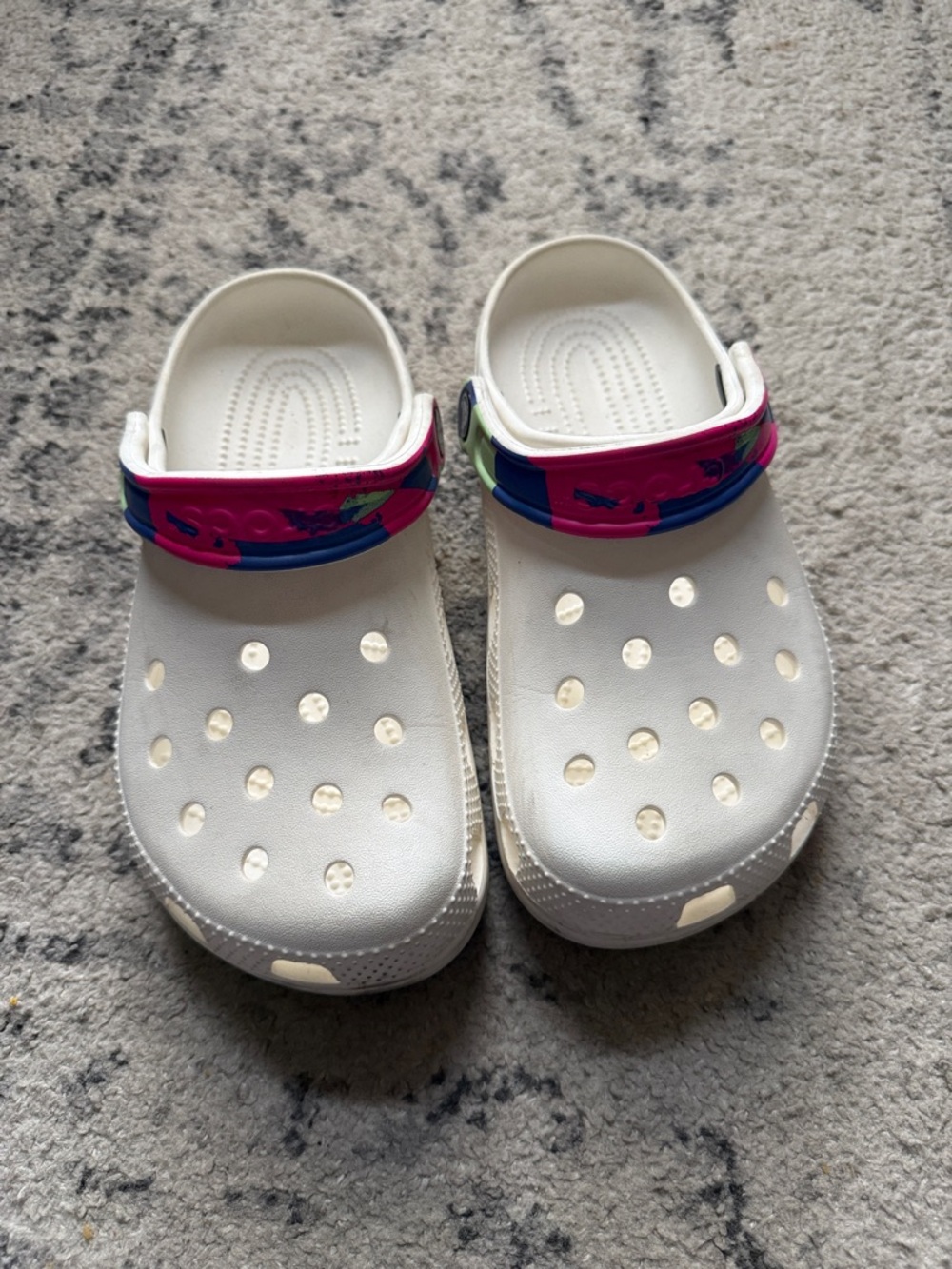 CROCS White Clogs with Pink & Blue Printed Strap
